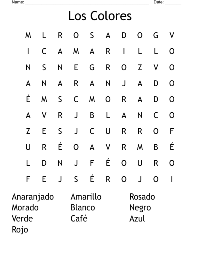 Spanish Colors Word Search Worksheet for Young Learners A word search worksheet featuring basic color vocabulary in Spanish for fourth graders