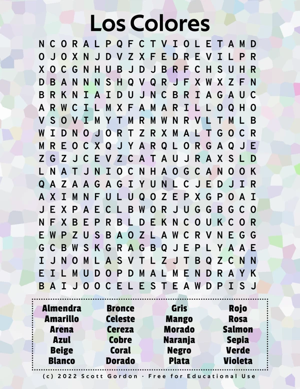 Engaging resource for fourth graders to enhance their Spanish language skills Colorful Spanish word search worksheet featuring basic color vocabulary