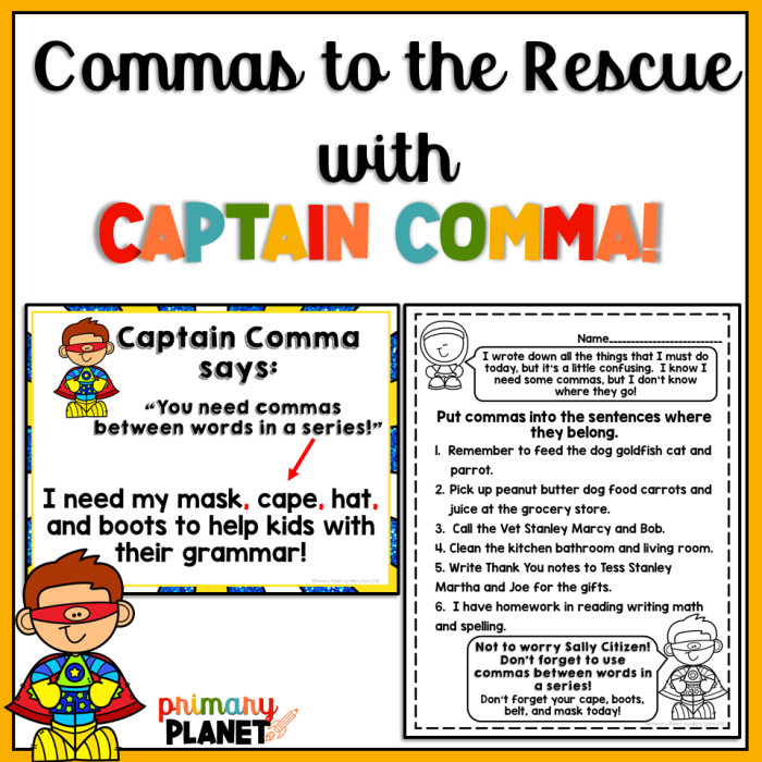 Fourth Grade Comma Rules for Kids Practice Sheet Number 1 Fourth grade worksheet teaching five comma rules with practice sentences