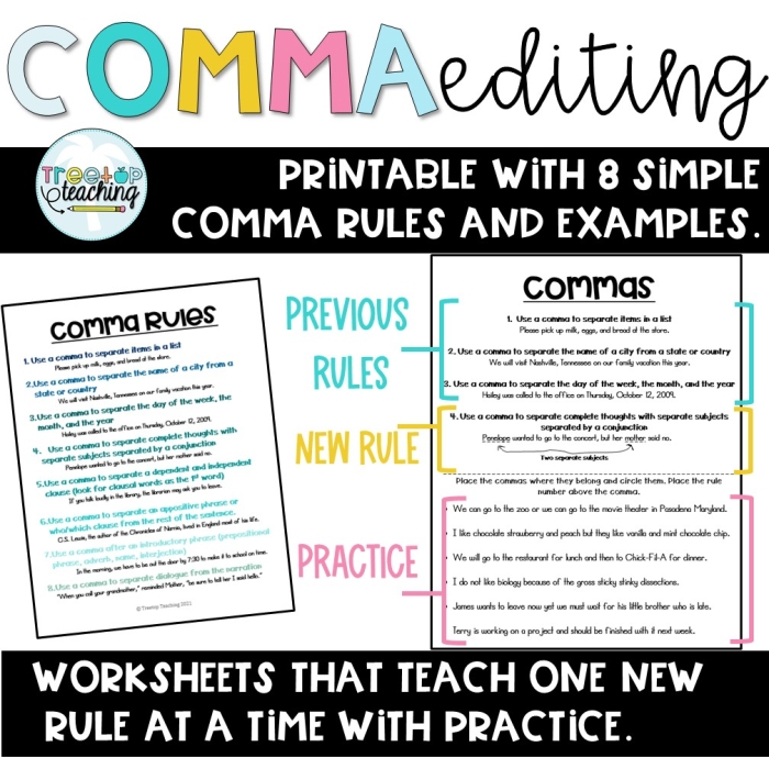 Comma Rules for Kids worksheet number 17 for grammar skills development Fourth grade worksheet teaching five key comma rules with practice sentences