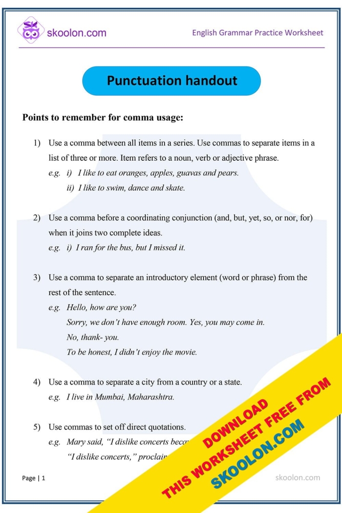 Comma rules worksheet for kids practicing adding commas to sentences Fourth grade worksheet teaching five essential comma rules with exercises