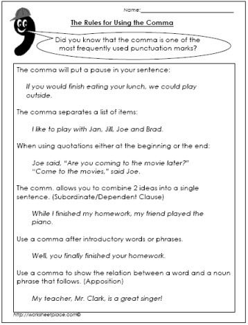 Comma Rules for Kids worksheet featuring comma placement practice for grade 4 students Fourth grade worksheet teaching five key comma rules with exercises