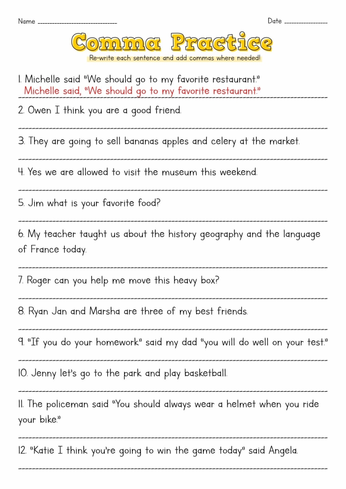 Comma Rules for Kids exercise number 23 focusing on sentence punctuation Fourth grade worksheet teaching five comma rules with sentences to complete