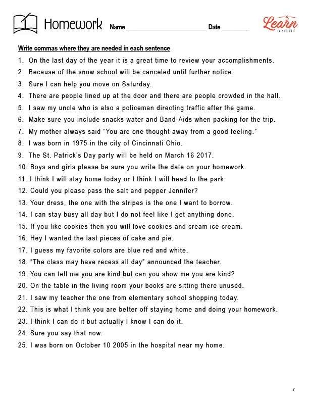 Comma Rules for Kids worksheet with practice sentences on commas number 2 Fourth grade worksheet showing exercises on five comma rules for kids