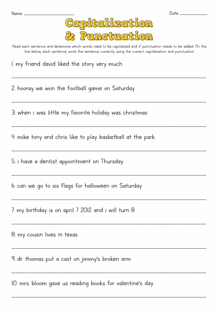 Comma Rules for Kids worksheet number 13 focusing on adding commas correctly Fourth Grade worksheet on comma rules showing sentences with missing commas