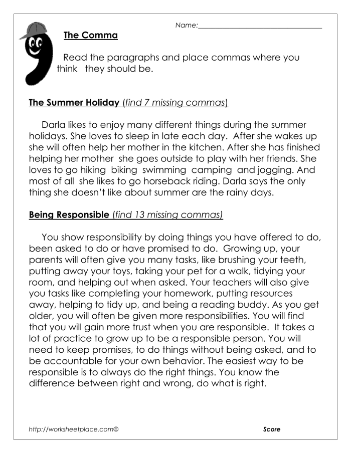 Starting to learn about commas and clauses with this educational worksheet for kids Third grade history worksheet focused on the correct use of commas in sentences