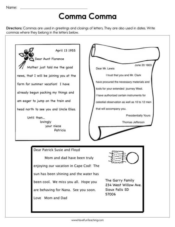 Worksheet 16 focusing on correct comma placement for young learners Third grade worksheet on comma usage with simple clauses and examples