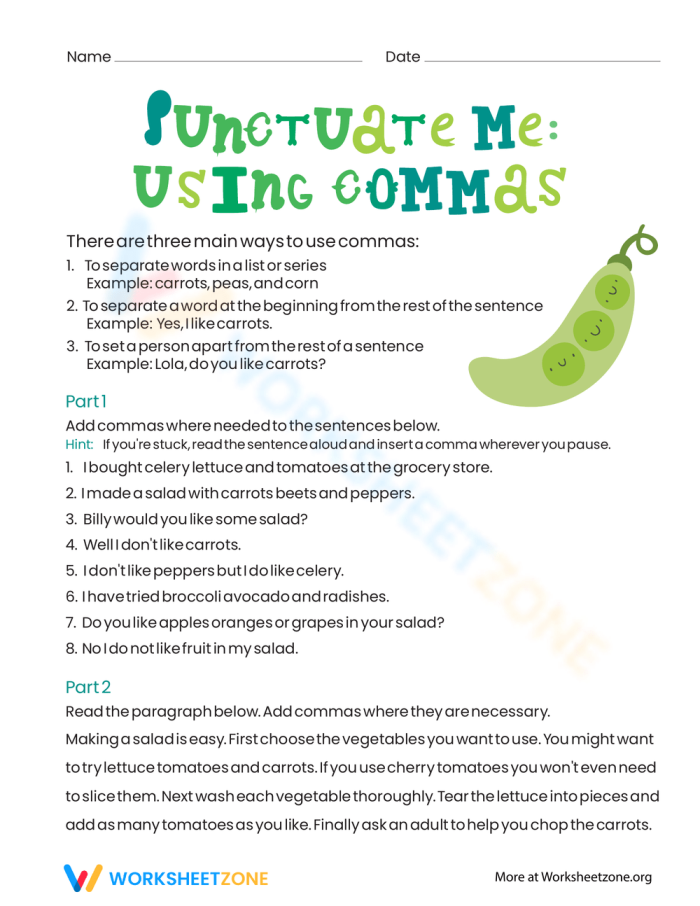 Punctuate Me: Using Commas activity for time and money skills, image 15 Fourth grade worksheet focused on comma placement with a vegetable theme
