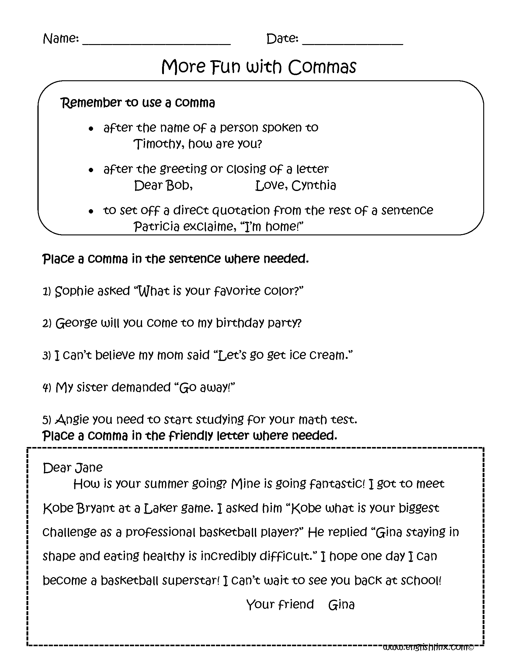 Commas in Lists worksheet for third graders featuring examples and exercises