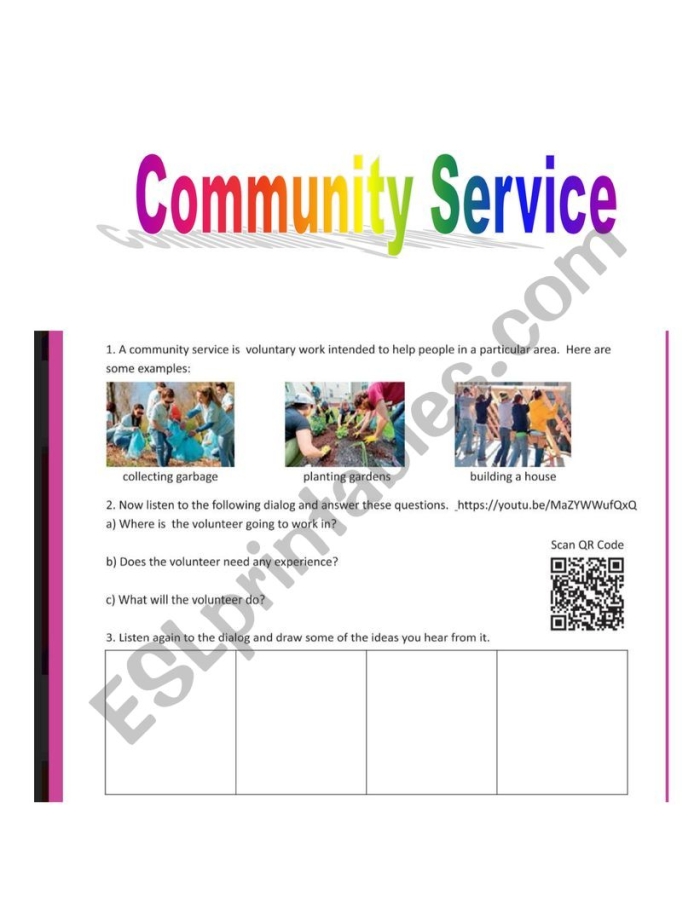 Understanding community service through a multiplication activity for second graders, image 3 Second-grade multiplication worksheet explaining the concept of community service with examples