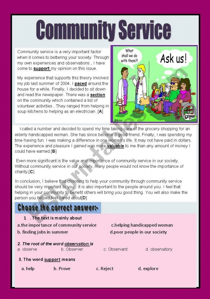 Worksheet 14 explores the concept of community service with examples for young learners Second Grade students learning about community service through a multiplication worksheet