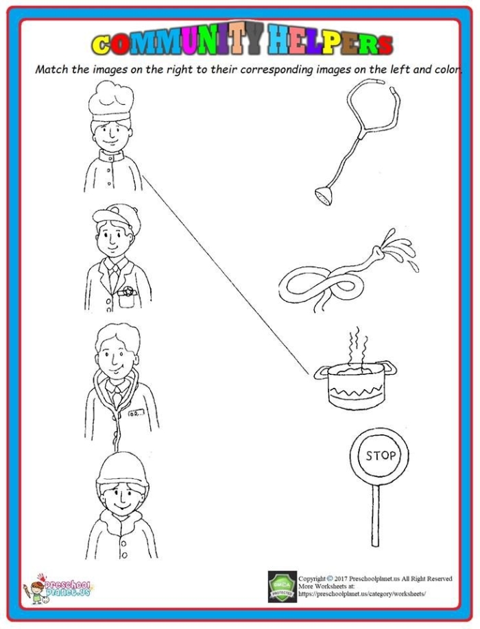 Kindergarten worksheet featuring community workers and their vehicles to match