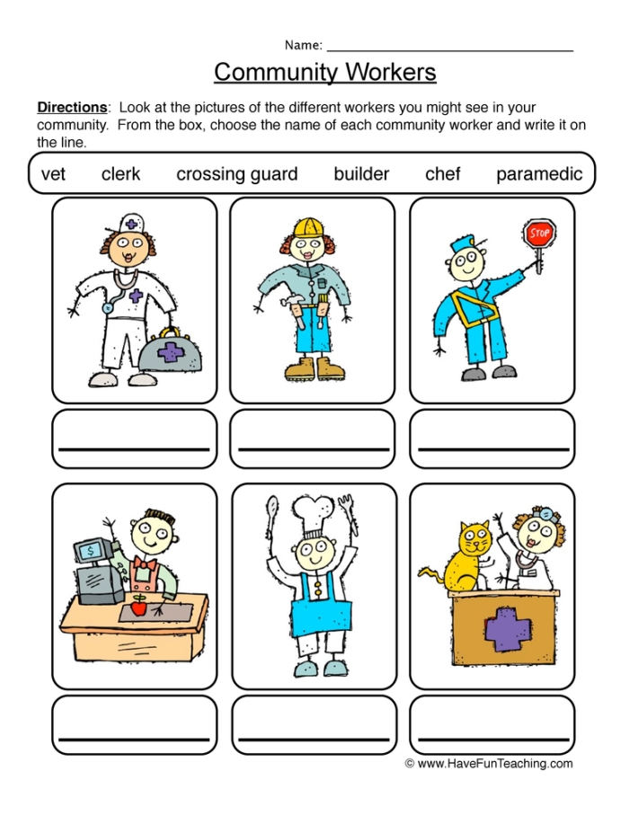Kindergarten worksheet featuring community workers and their vehicles for a fun matching activity