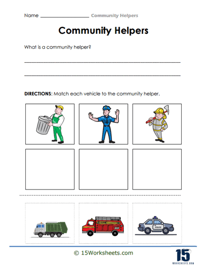 Kindergarten worksheet featuring community workers and vehicles to match