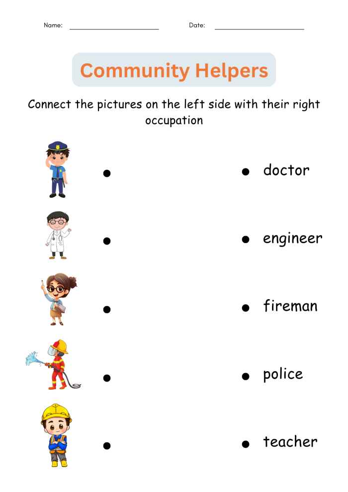 Kindergarten worksheet featuring community workers and their vehicles to match