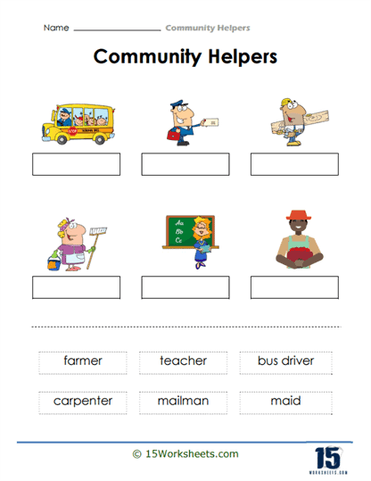 Kindergarten worksheet showing community workers and their vehicles to help match