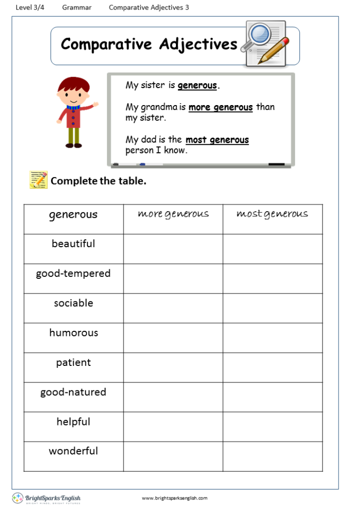 Fun cool comparative adjectives exercise for third grade grammar learners Third grade worksheet practicing comparative adjectives with colorful examples
