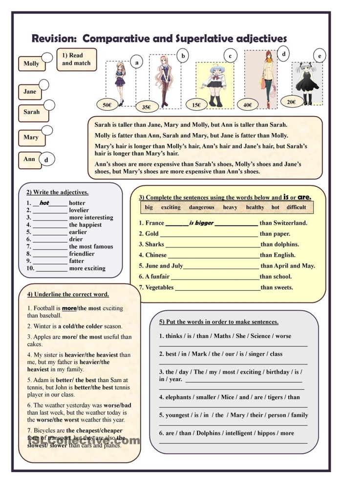 Challenge worksheet for practicing comparative and superlative adjective forms in writing Third grade worksheet focused on writing comparative and superlative adjectives