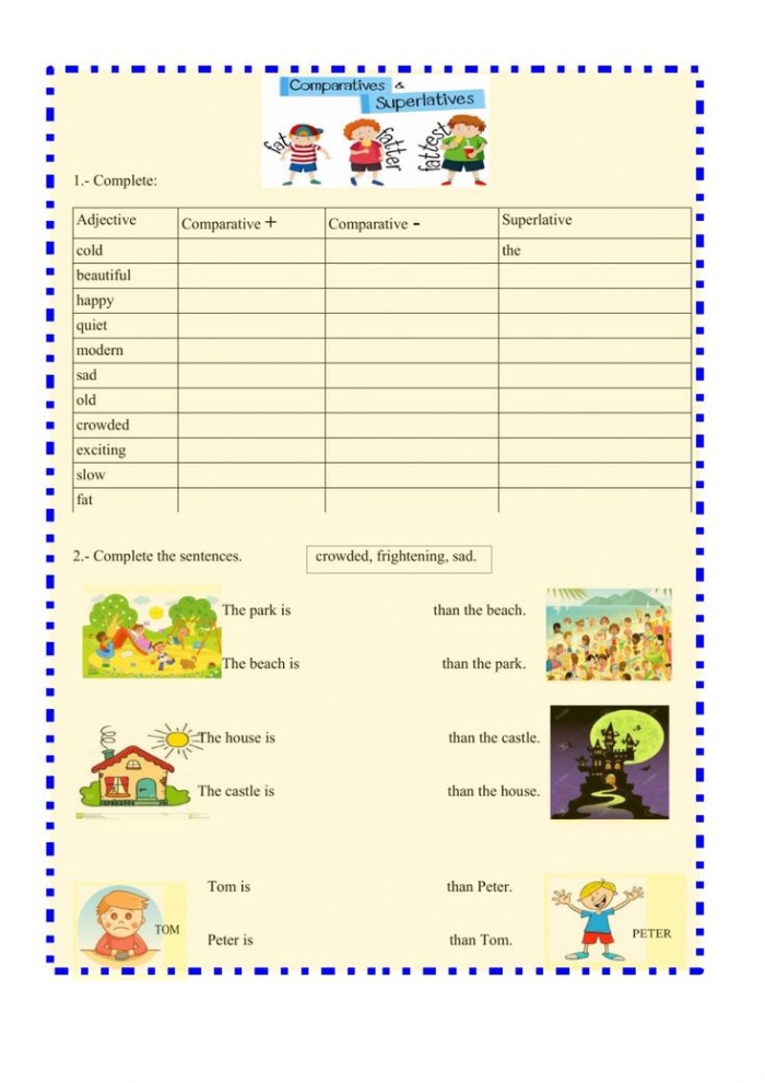 More Comparative and Superlative Adjectives Learning Activity for Elementary Students Third grade students completing a comparative and superlative adjectives practice worksheet with grammar exercises
