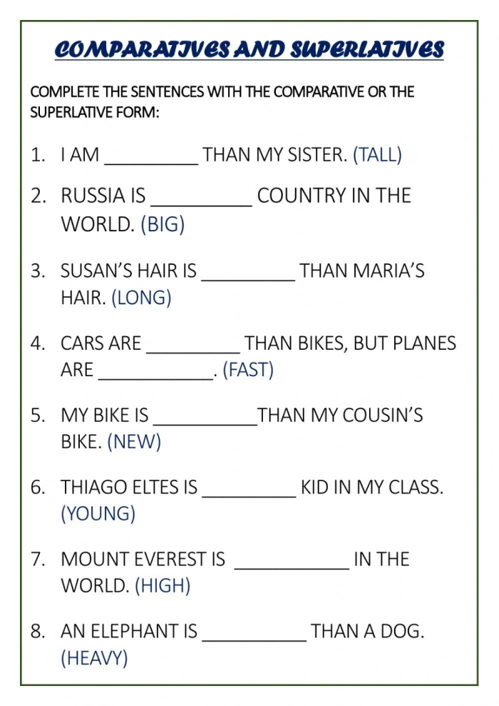 More Comparative and Superlative Adjectives Learning Activity for Elementary Students Third grade students completing comparative and superlative adjectives practice exercises on a grammar worksheet