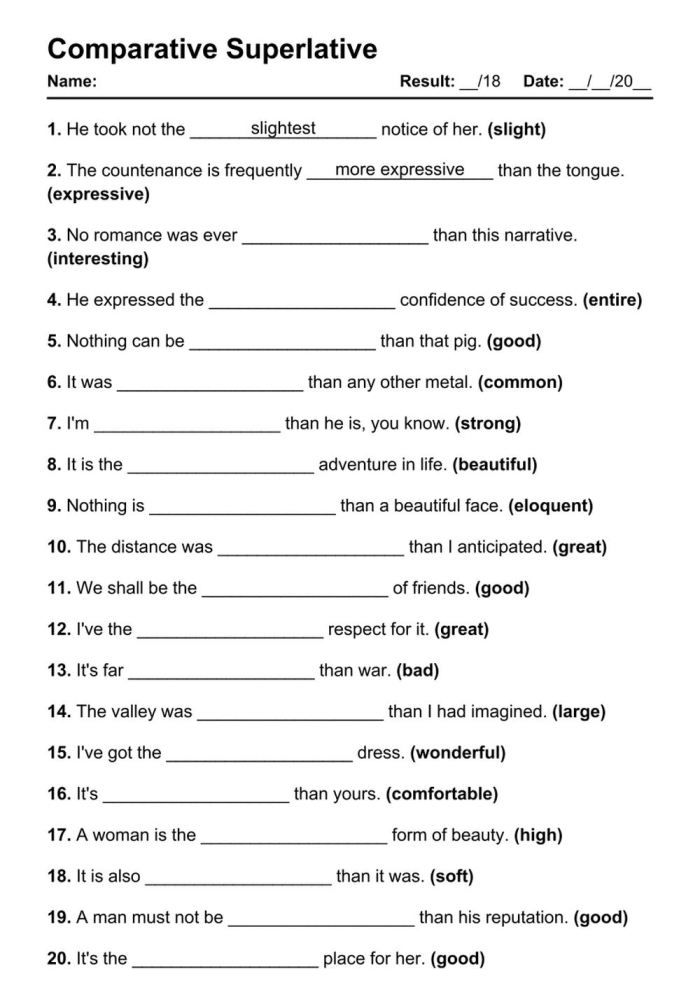 Challenge worksheet for practicing comparative and superlative adjectives with engaging exercises Third grade worksheet focused on writing comparative and superlative adjectives in a fun challenge