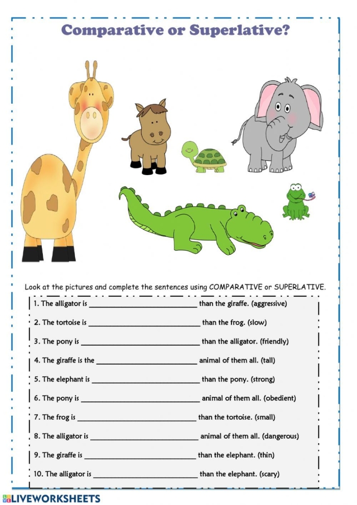 Engaging worksheet for practicing comparative and superlative adjective writing skills in third grade Third grade students completing a challenge worksheet on comparative and superlative adjectives