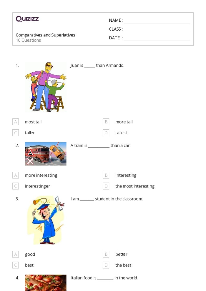 Grammar practice sheet focusing on comparatives and superlatives Comparative and superlative adjectives worksheet for third graders