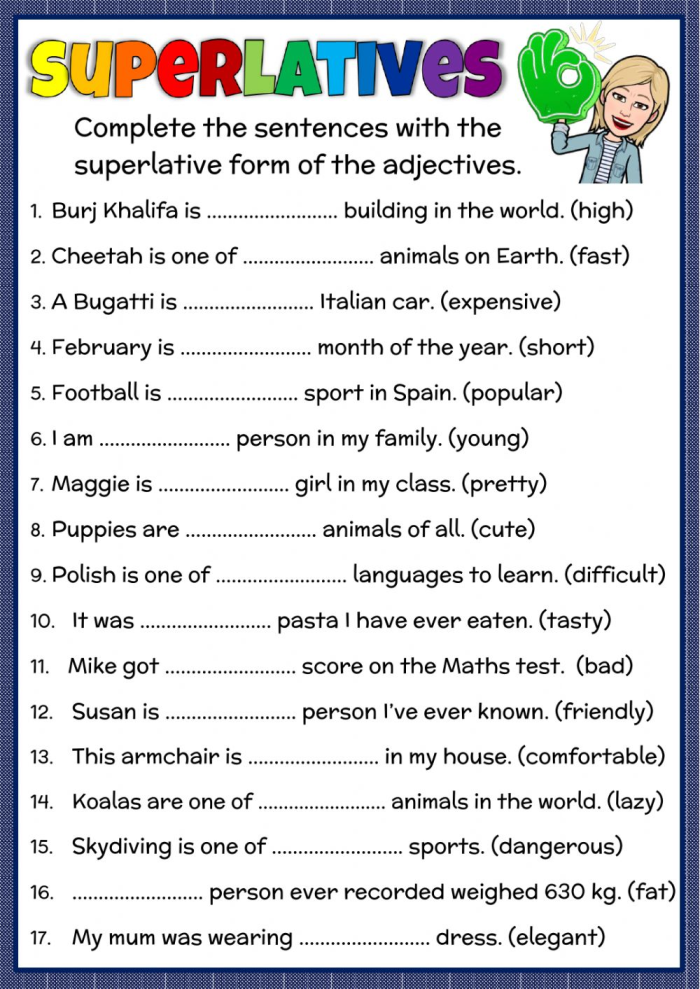 Third-grade grammar worksheet focusing on comparative and superlative adjectives Comparatives and superlatives worksheet for third-grade students practicing grammar skills