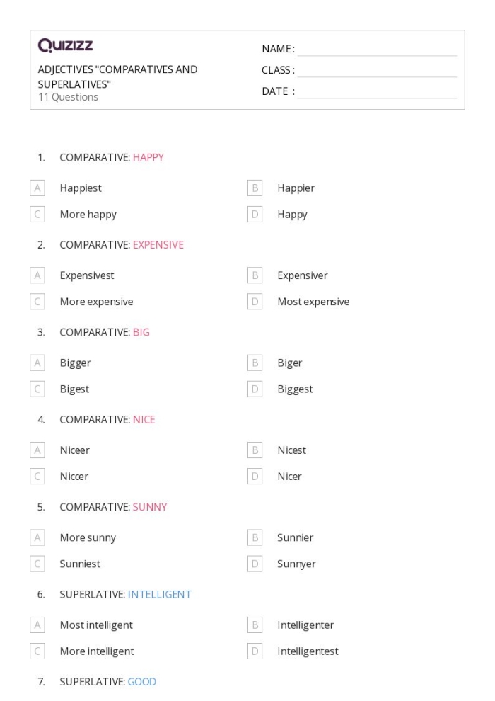 Third-grade grammar practice worksheet featuring comparatives and superlatives Comparatives and superlatives worksheet for third graders focusing on grammar skills