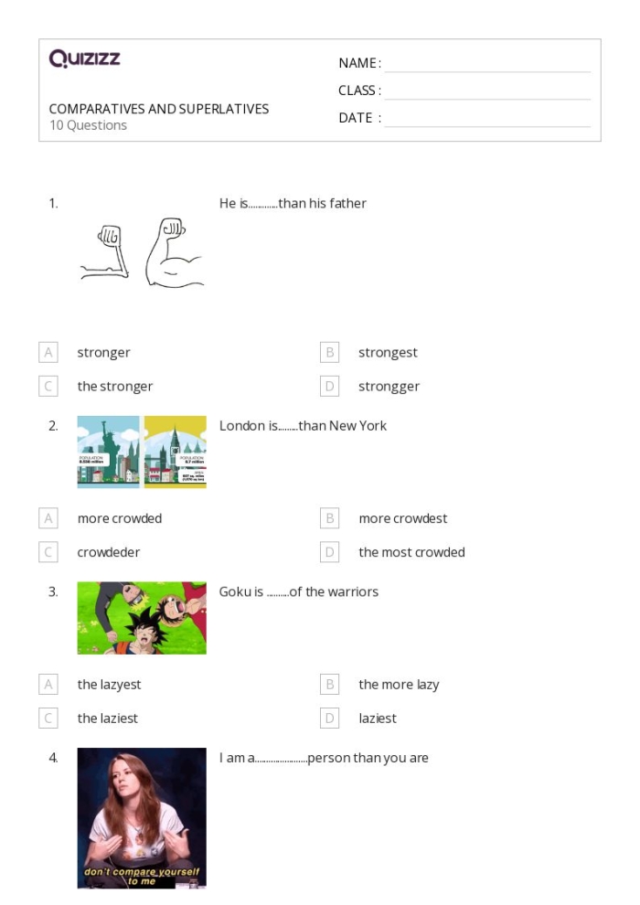 Grammar practice sheet focusing on comparatives and superlatives, image 14 Comparative and superlative adjectives worksheet for third graders