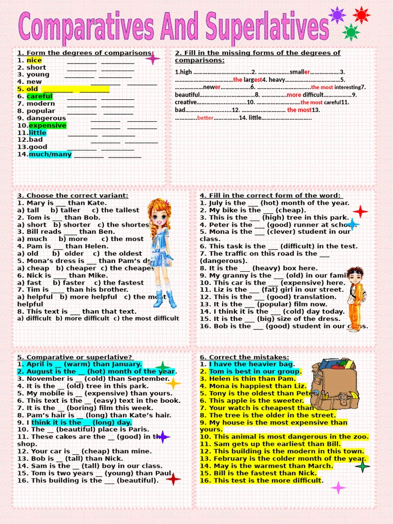Grammar practice sheet focusing on identifying and using adjectives Comparative and superlative adjectives worksheet for third graders