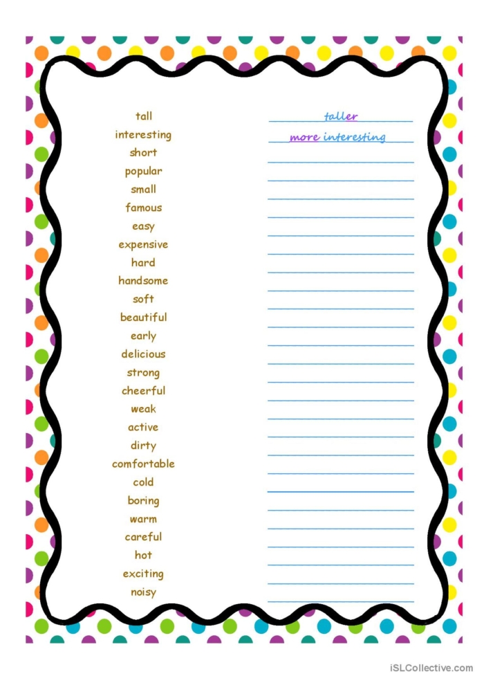 Grammar practice sheet focusing on adjective forms for students Comparative and superlative adjectives worksheet for third graders
