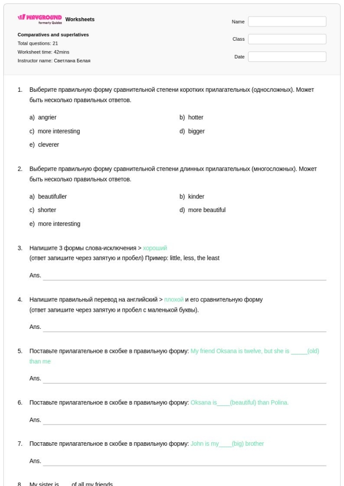 Worksheet example for practicing adjectives in comparative and superlative forms Comparatives and superlatives worksheet for third graders focusing on grammar skills