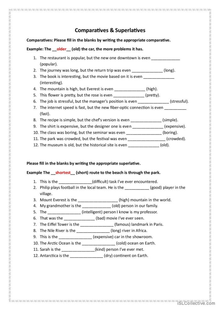Worksheet featuring comparatives and superlatives for grammar practice Comparative and superlative adjectives worksheet for third graders