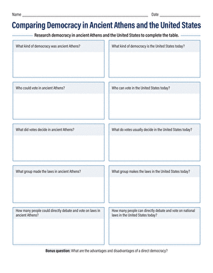 Worksheet comparing the democratic systems of ancient Athens and the United States for sixth graders