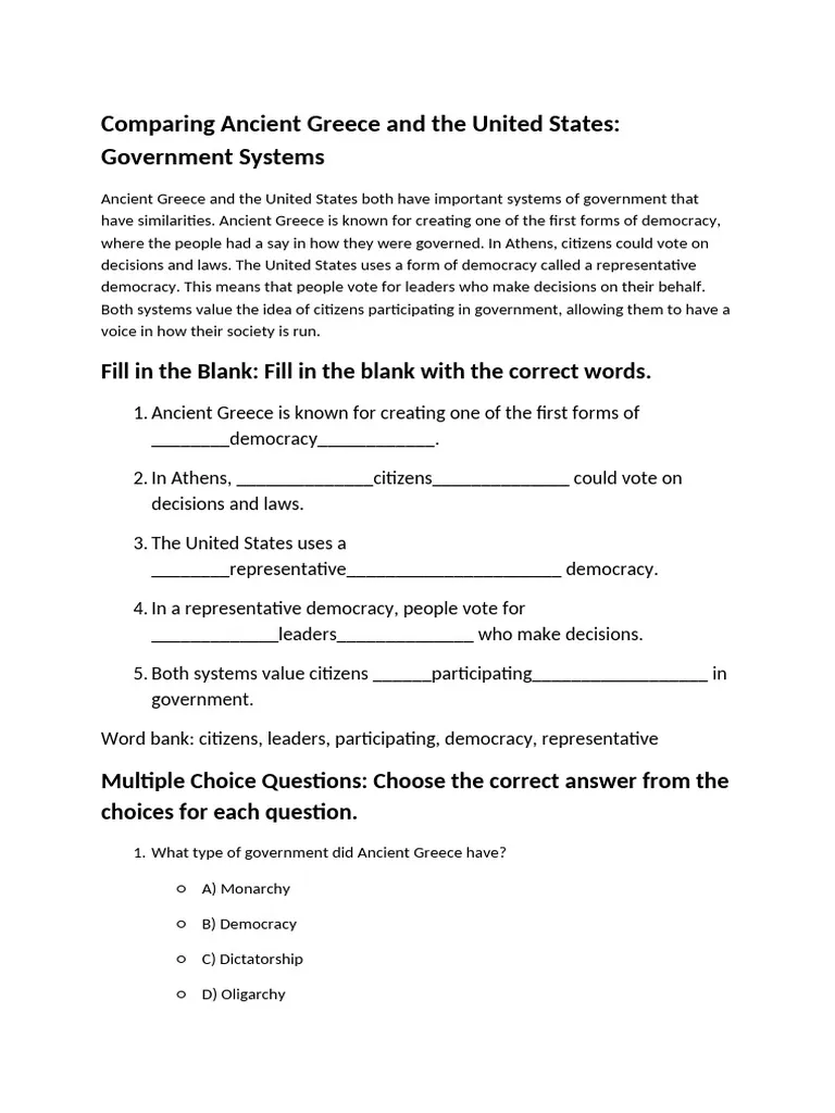 Worksheet exploring the contrasts between democracy in ancient Athens and the United States