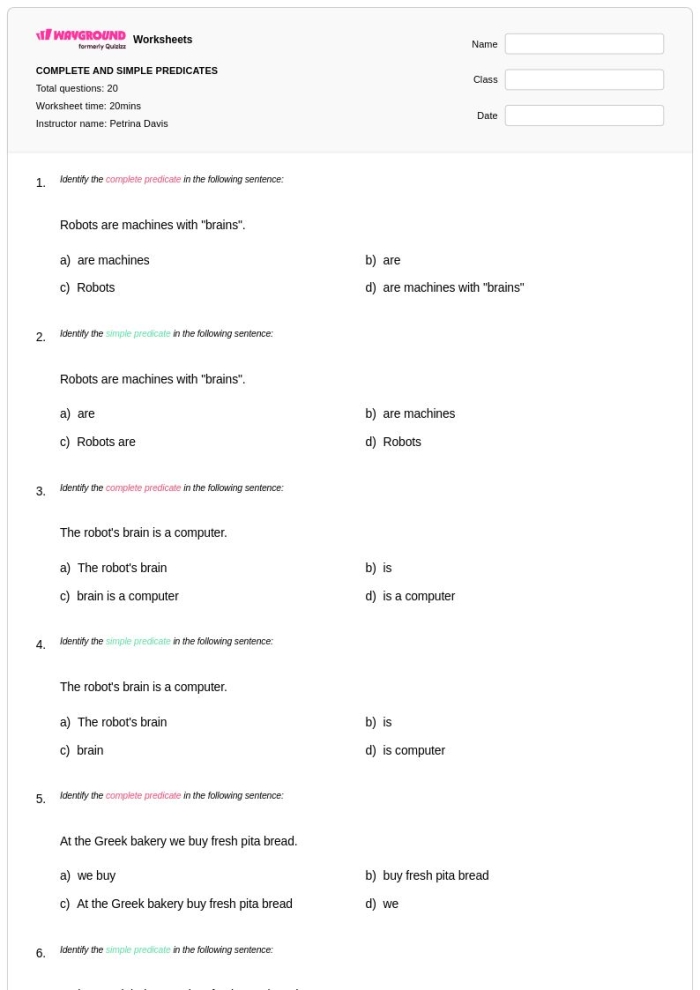 Complete Predicate Identification practice for fourth graders in a civics and government worksheet 14 Fourth-grade worksheet focused on identifying the complete predicate in sentences for civics and government
