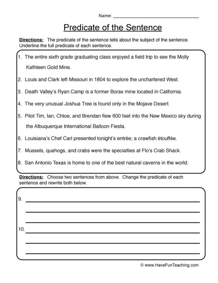 Complete Predicate Identification Exercise for Fourth Grade Civics and Government Students, Image 5 Fourth-grade worksheet focusing on identifying the complete predicate in sentences for civics and government
