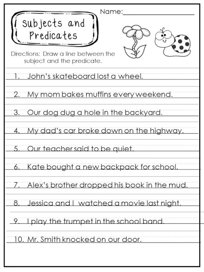 Worksheet image 11 showing sentence structure practice for fourth grade students Fourth-grade worksheet focused on identifying the complete predicate in sentences for civics and government