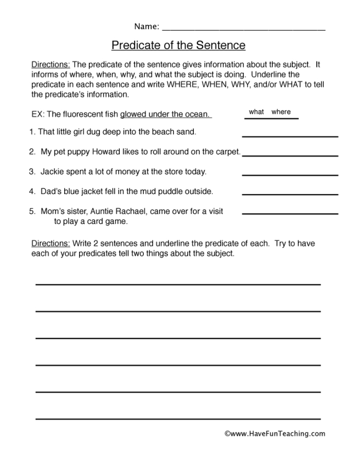 Complete Predicate Identification exercise for fourth graders in Civics and Government class Fourth grade civics worksheet helping students find the complete predicate in sentences
