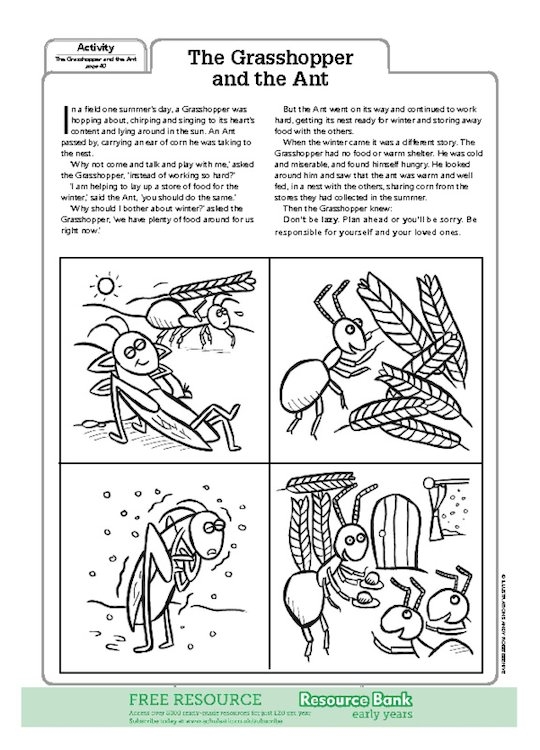 Second grade geometry worksheet featuring The Ant and the Grasshopper fable to improve comprehension and prediction skills
