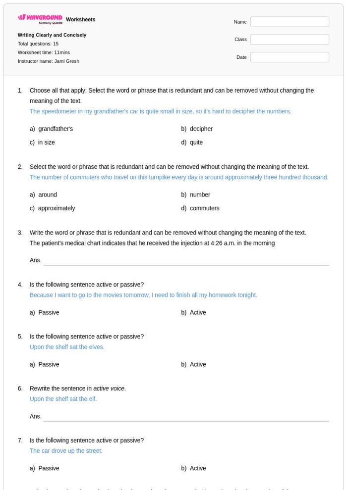 Express Ideas Precisely and Concisely practice sheet for seventh grade learners, image 24 Seventh grade student worksheet focusing on expressing ideas clearly and briefly by editing sentences