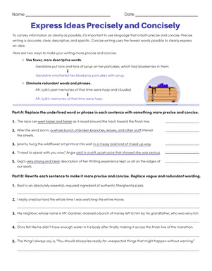 Worksheet for practicing clear and concise expression in seventh grade language arts class Seventh grade students revising sentences in an Express Ideas Precisely and Concisely worksheet