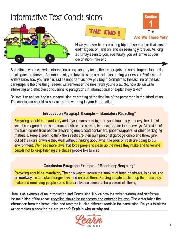 Worksheet 20 for practicing conclusions in informational writing about fungus Fifth grade worksheet on writing conclusions featuring a text about fungus