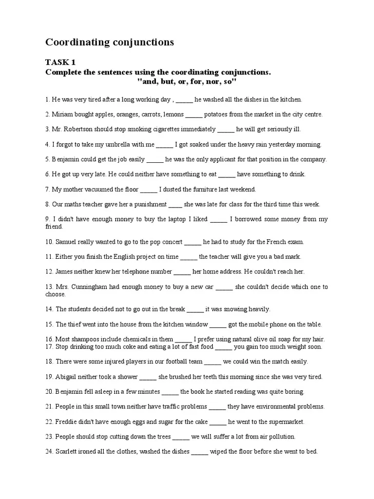 Conjunctions practice worksheet for fifth graders completing sentences 16 Fifth grade worksheet on conjunctions with fill-in-the-blank sentences for practice