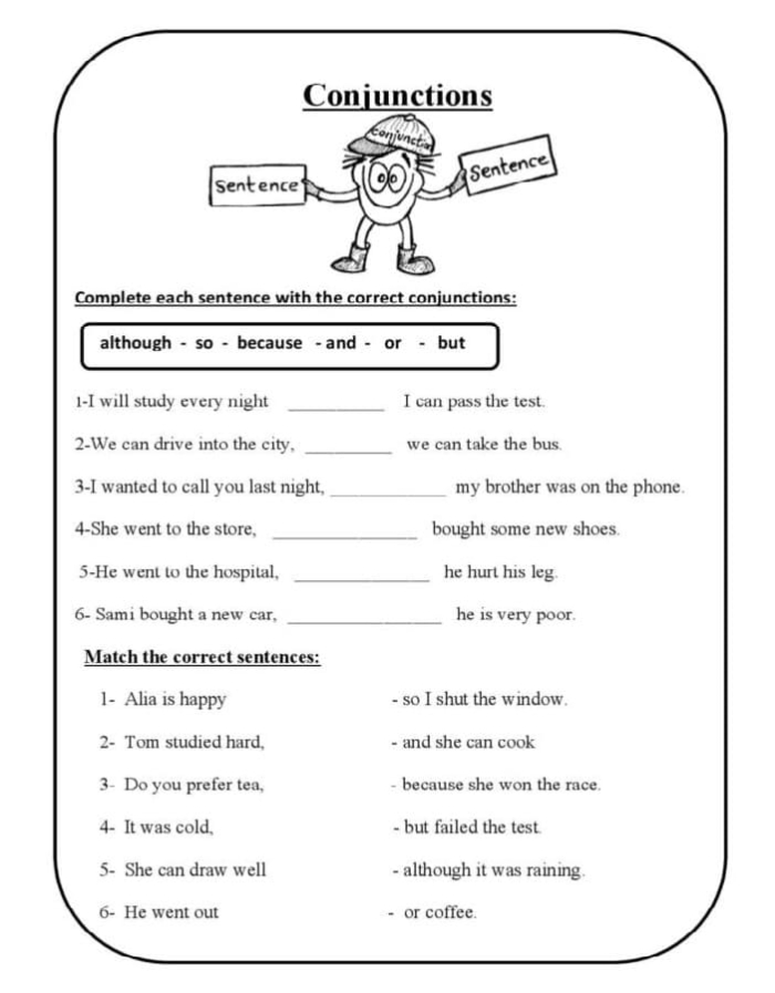Practice completing sentences with conjunctions worksheet for fifth graders number 9 Fifth grade worksheet focused on identifying and using conjunctions in sentences