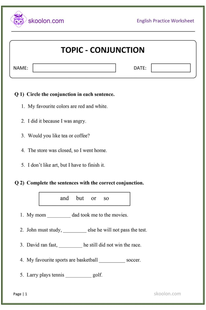 Interactive Reading worksheet on conjunctions for fifth graders labeled image 12 Fifth grade worksheet for practicing conjunctions by completing sentences