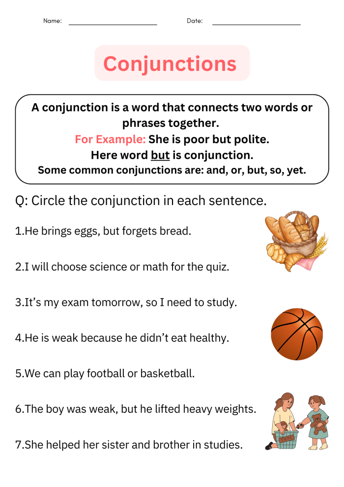 What Are Conjunctions worksheet for practicing sentence completion in grade 5 Fifth grade worksheet focused on completing sentences with conjunctions