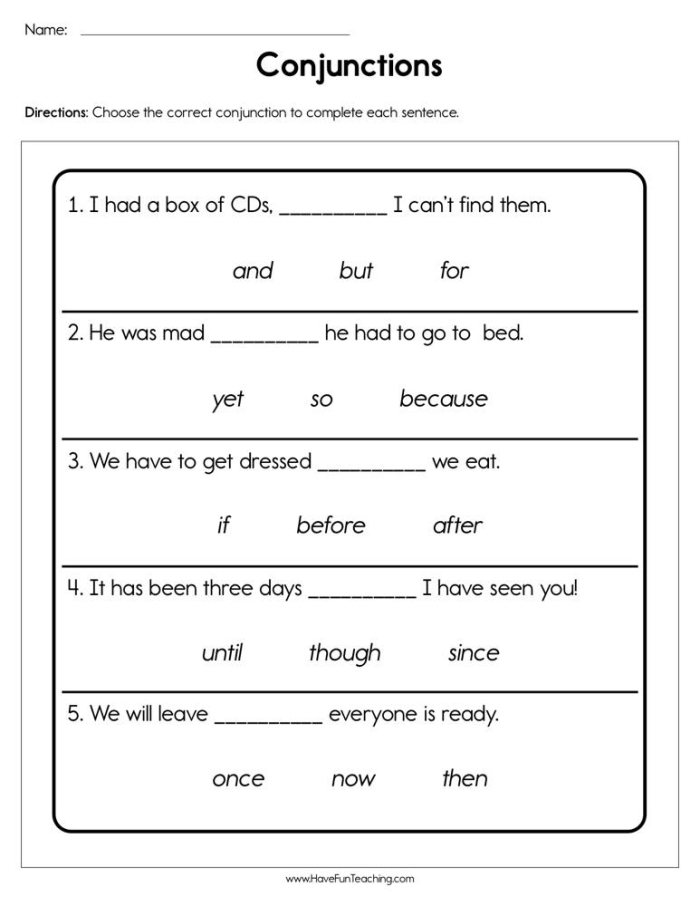 Conjunctions practice worksheet for fifth graders completing sentences 17 Fifth grade worksheet on conjunctions with sentence completion exercises