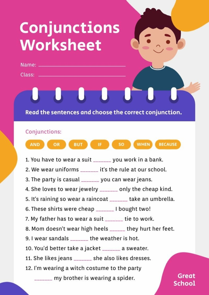 Practice conjunctions with this engaging worksheet for fifth graders number 25 Fifth grade worksheet focused on learning conjunctions by completing sentences